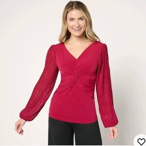 Susan Graver Occasions Liquid Knit Twist-Front Red Top Pleat Sleeves Small NWOT
